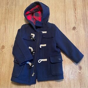 GAP Wool Blend Navy Pea Coat with Red Plaid Lining